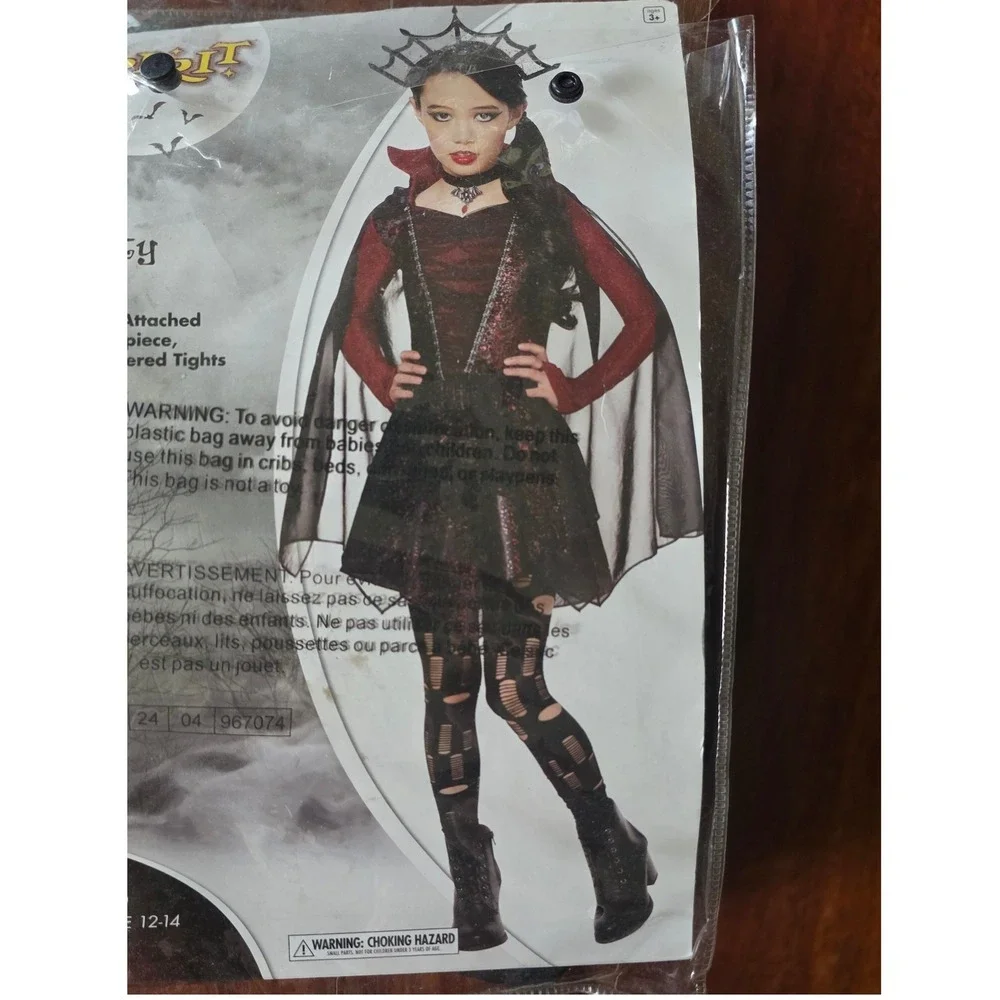 Spirit Halloween Dark Beauty Vampire Costume Child Large 12-14 Dress Cape Tights - Picture 3 of 11